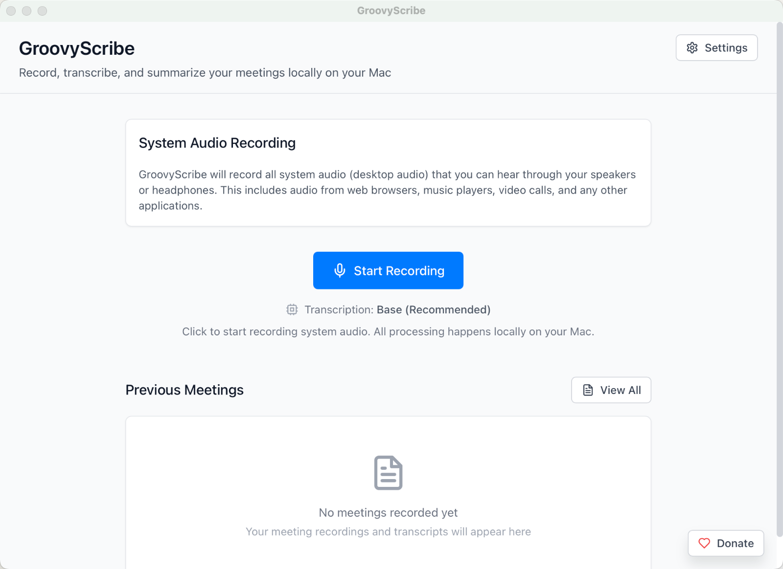 GroovyScribe showing a transcribed meeting with summary